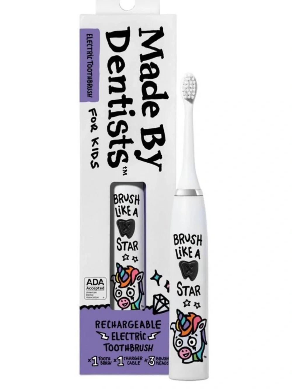 Made by Dentists Brush Like A Star Unicorn Electric Kids Toothbrush 3 Heads New